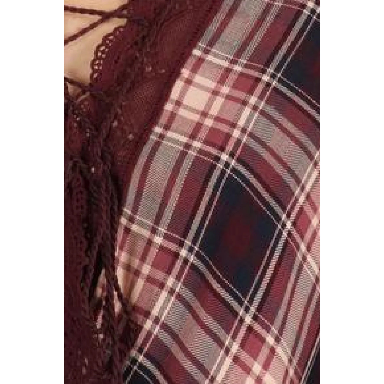 Wine Plaid 3/4 Sleeve V-neckline And Relaxed Fit Women's Top