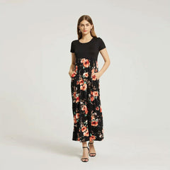 Womens Summer Casual Floral Maxi Dress With Pocket- Black