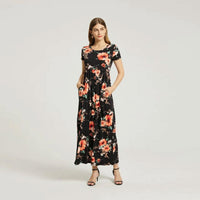 Womens Summer Casual Floral Maxi Dress With Pocket-Black