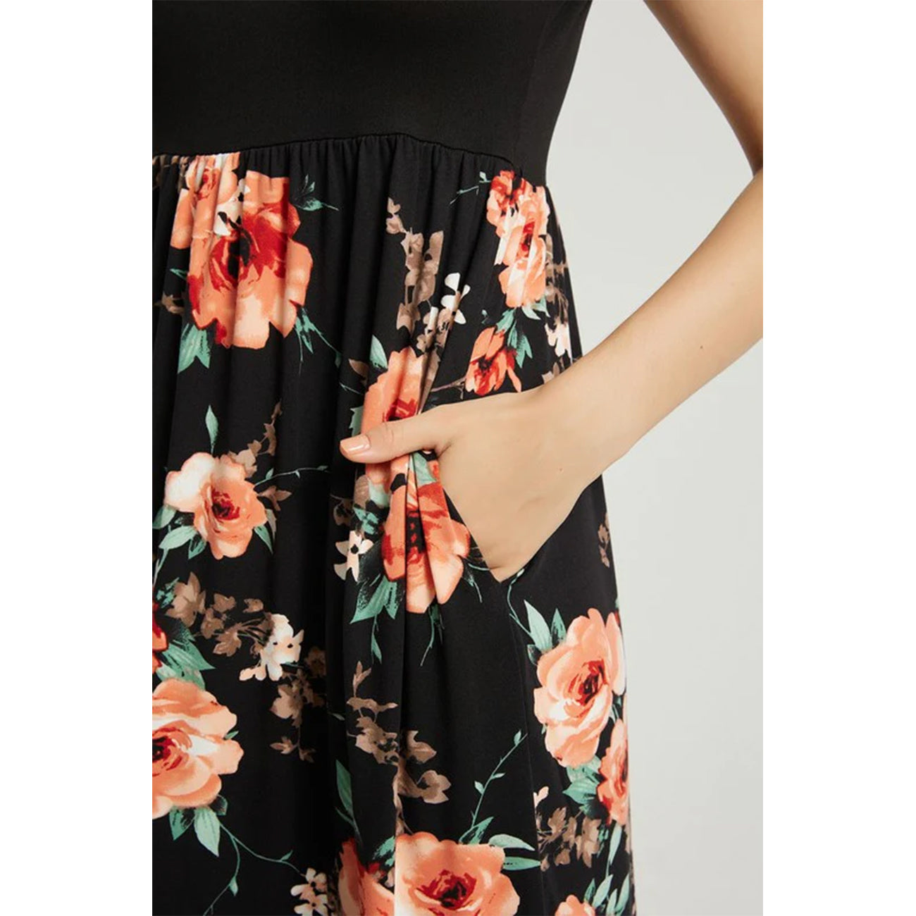 Womens Summer Casual Floral Maxi Dress With Pocket- Black