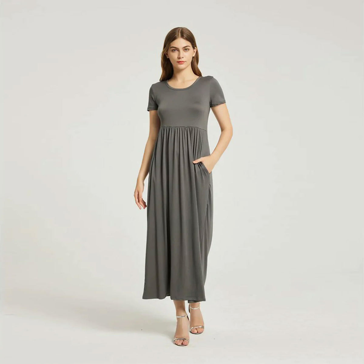 Women's Summer Casual Maxi Dress With Pocket- CHARCOAL