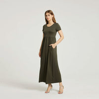 Women's Summer Casual Maxi Dress With Pocket- Olive