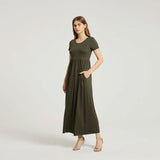 Women's Summer Casual Maxi Dress With Pocket- Olive