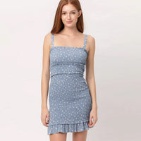 Woven Printed Smocking Dress - Blue