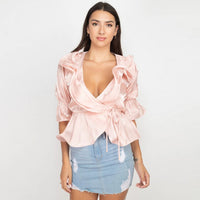 Wrap Around Surplice Ruffle Top Blouse - Pink