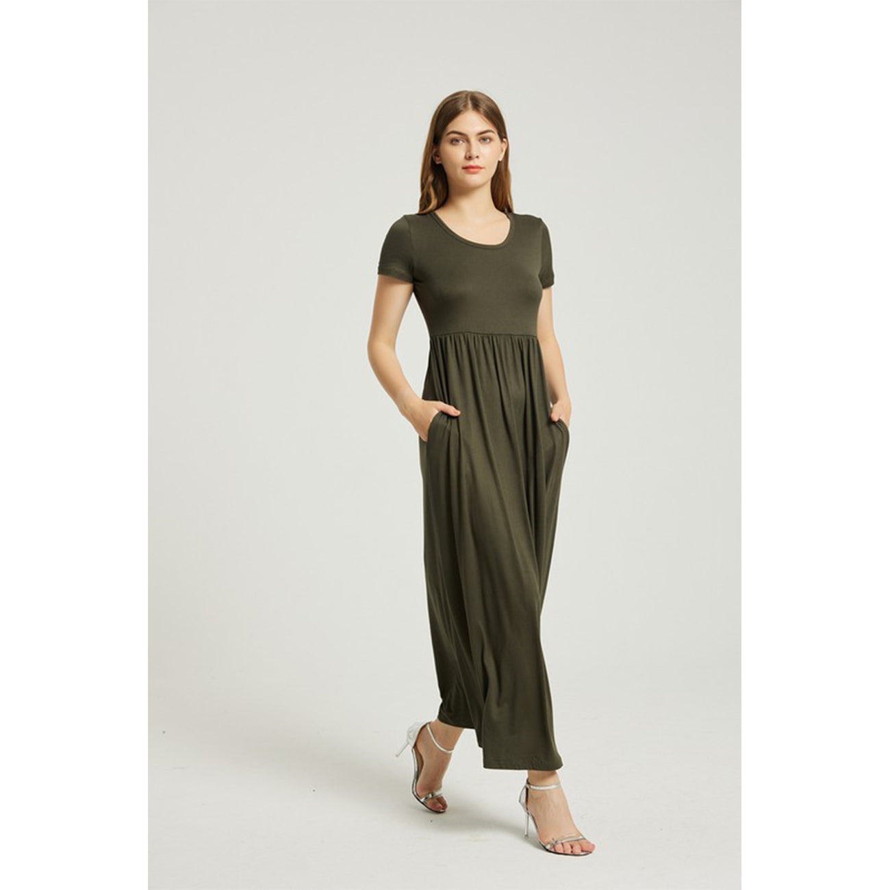 Women's Summer Casual Maxi Dress With Pocket- Olive