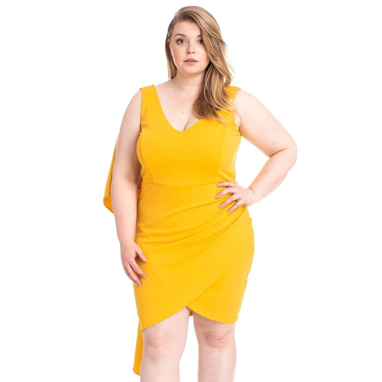 Yellow Back Shoulder Cape Plus Size Mini Dress