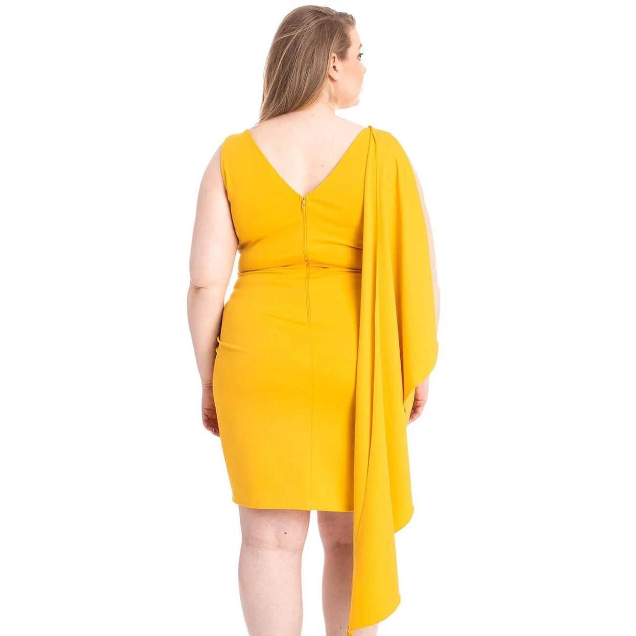 Yellow Back Shoulder Cape Plus Size Mini Dress