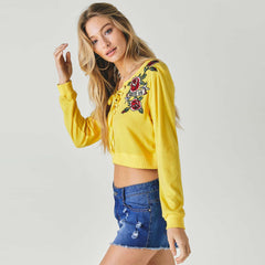 Yellow Floral Embroidered Cropped Sweatshirt