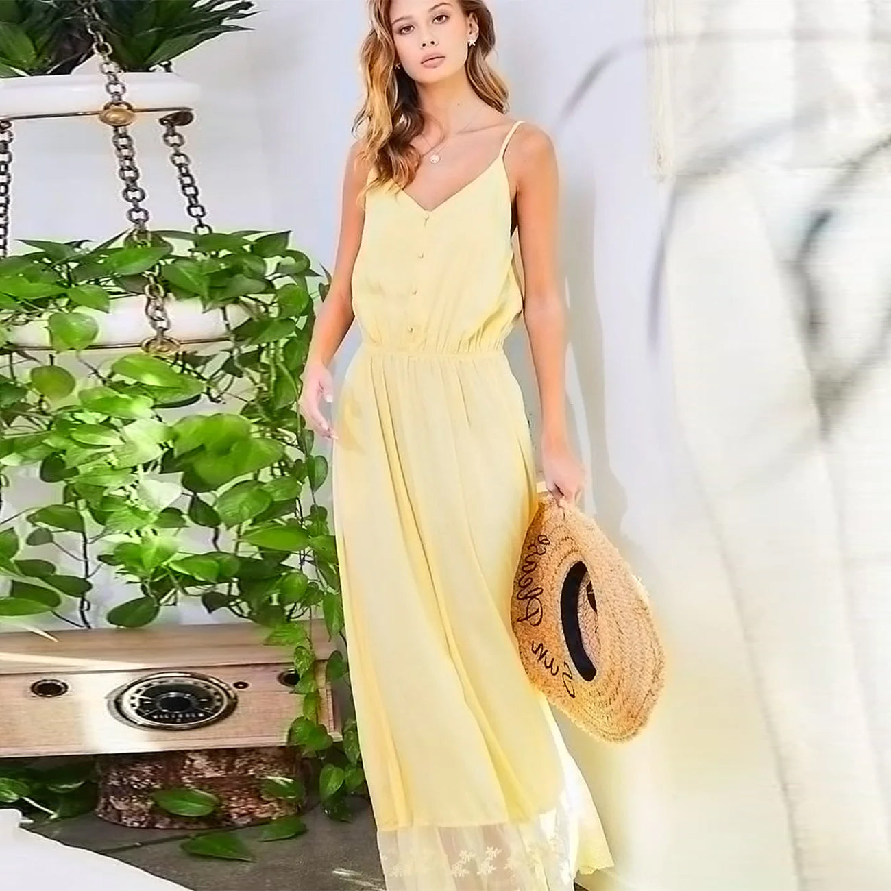 Yellow Maxi Dress with Contrast Lace Bottom