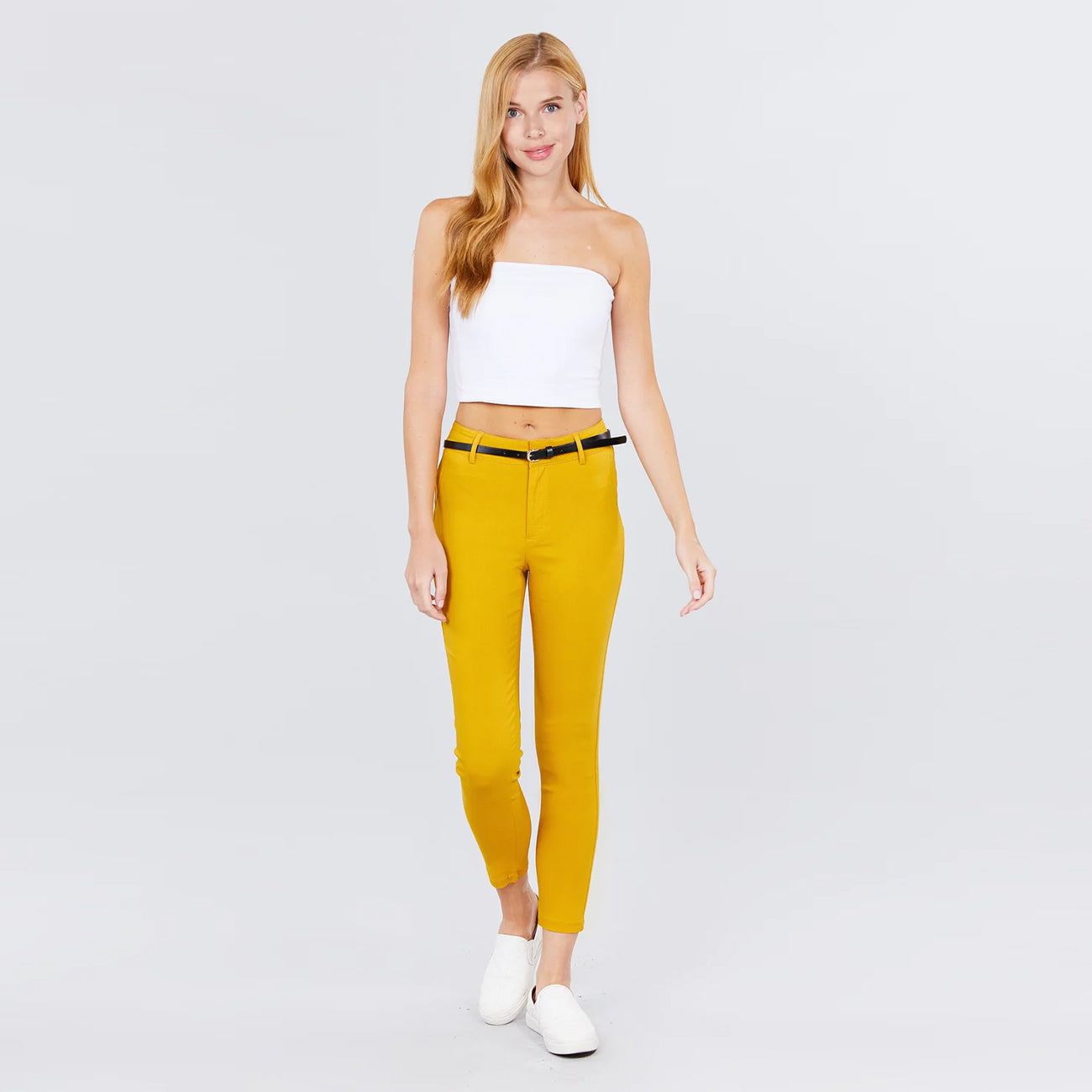Yellow Mustard Bengaline Belted Cropped Pants