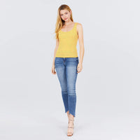 Yellow Sleeveless Double Scoop Neck Stripe Knit Blouse