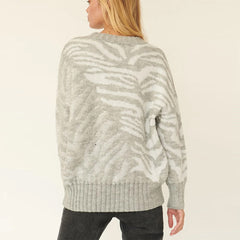 Zebra Print Pullover Crew Neckline Oversize Sweater