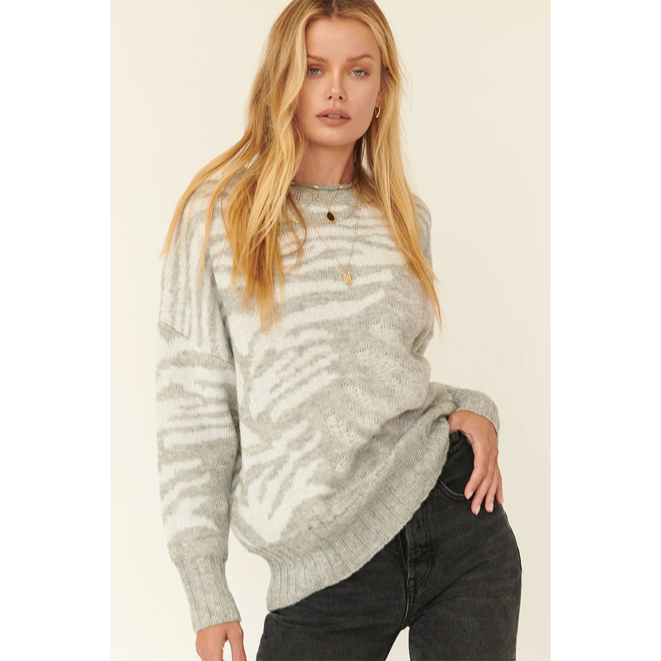 Zebra Print Pullover Crew Neckline Oversize Sweater