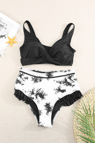Two-Tone Crisscross Frill Trim Two-Piece Swimsuit
