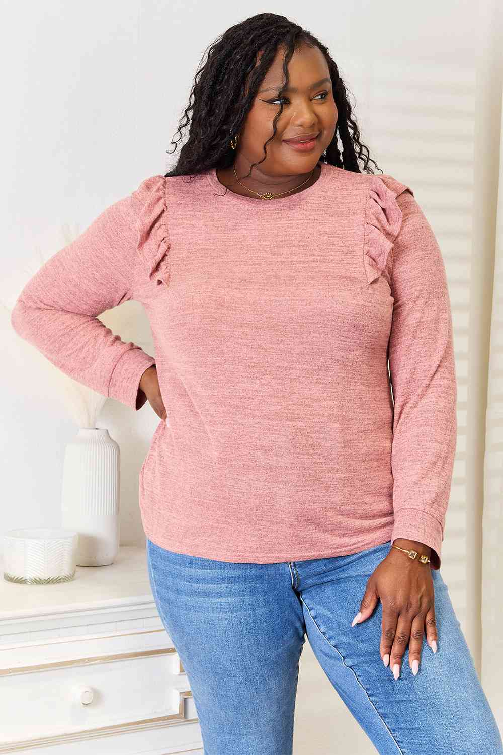 Double Take Ruffle Shoulder Long Sleeve Shirt