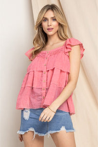 Oddi Full Size Buttoned Ruffled Top