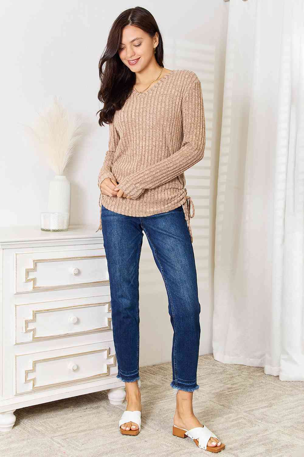 Double Take Drawstring Ribbed Long Sleeve Shirt