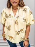 Plus Size Tiger Printed Notched Blouse
