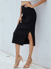Ribbed Side Slit Midi Skirt 