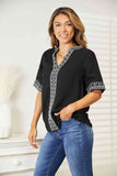 Double Take Embroidered Notched Neck Top