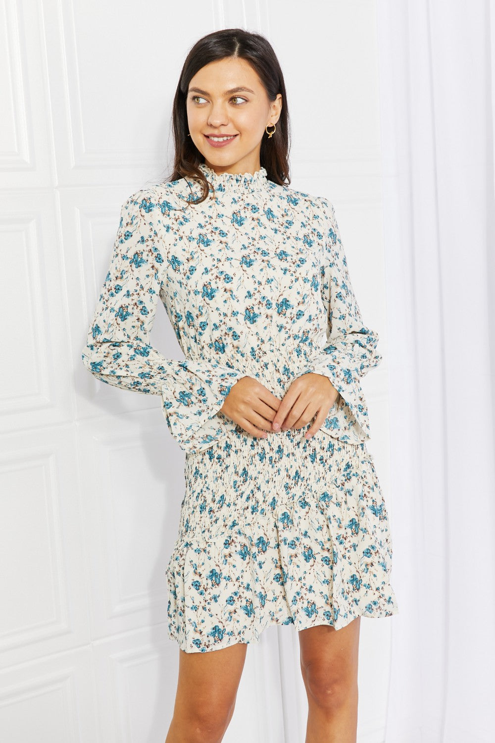 Petal Dew Meadowscape Floral Smocked Mock Neck Mini Dress
