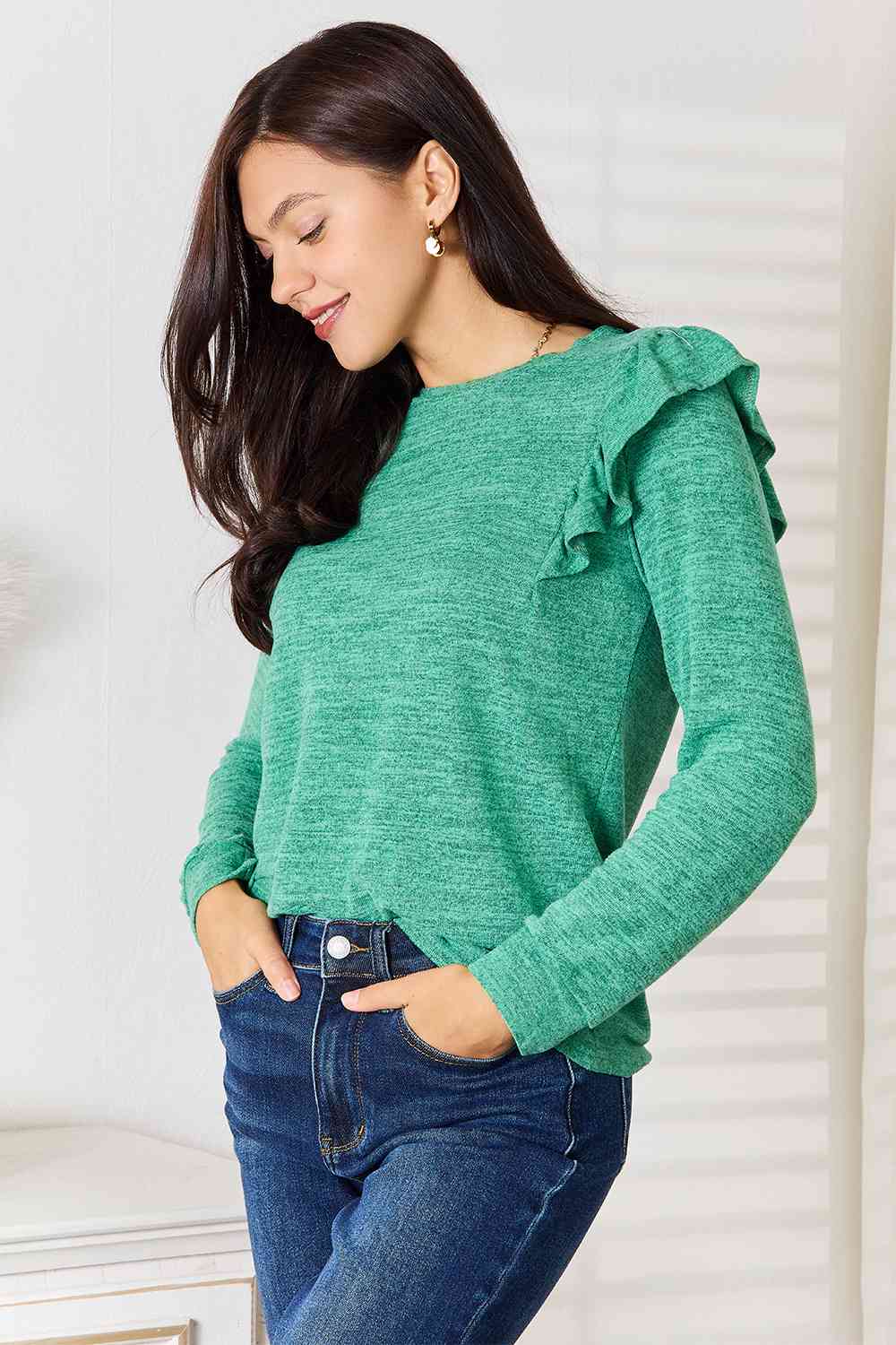 Double Take Ruffle Shoulder Long Sleeve Shirt