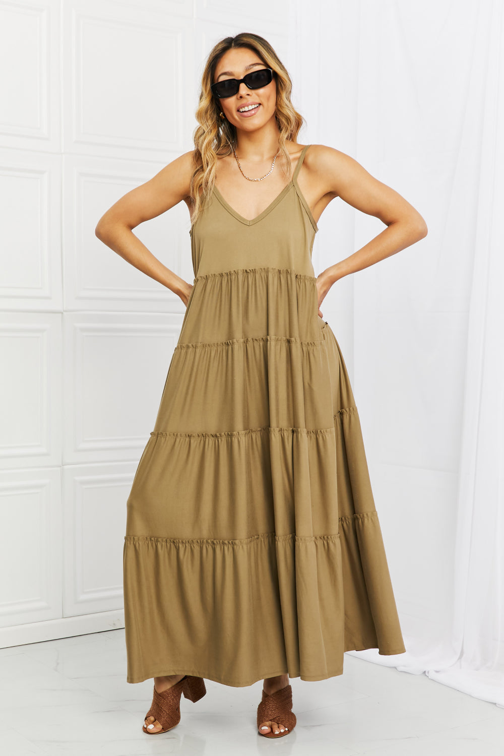 Zenana Full Size Spaghetti Strap Tiered Dress with Pockets