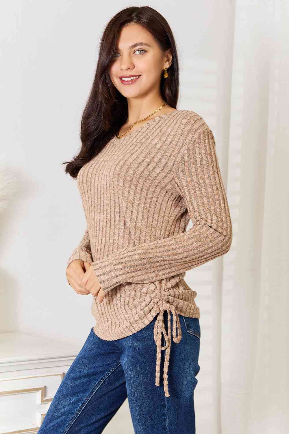 Double Take Drawstring Ribbed Long Sleeve Shirt