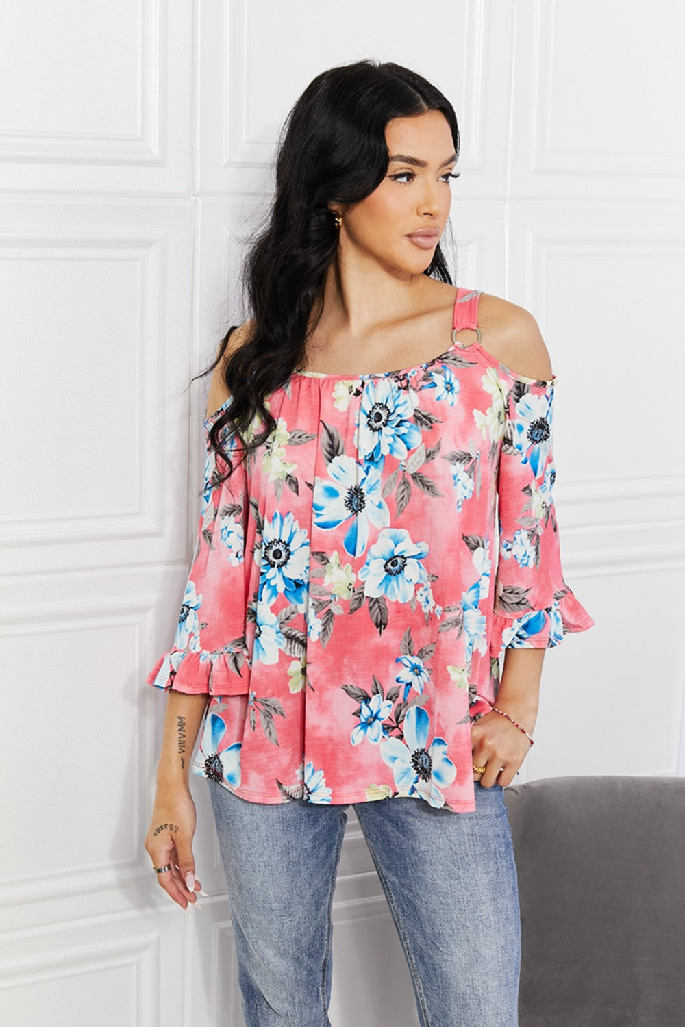 Sew In Love Full Size Fresh Take  Floral Cold Shoulder Top