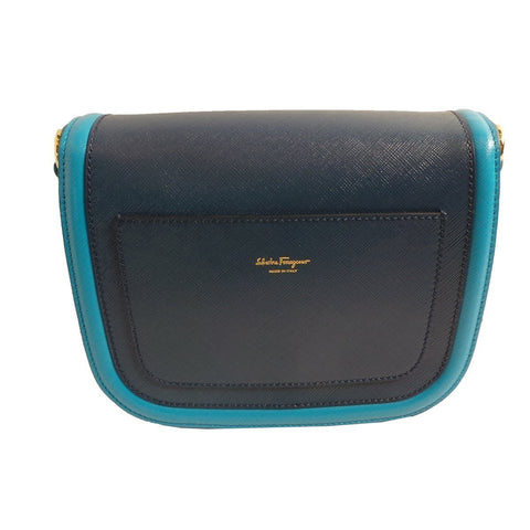 Ferragamo Greta Blue Cross Grain Calf Leather Gancini Crossbody