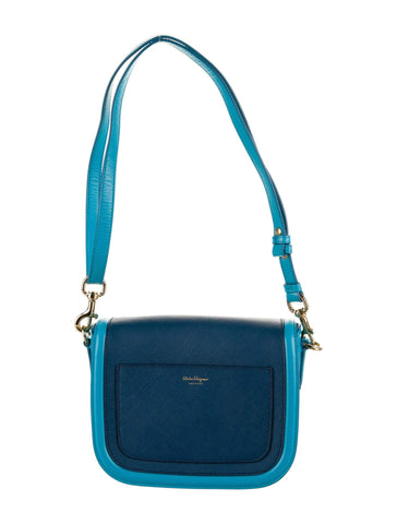 Ferragamo Greta Blue Cross Grain Calf Leather Gancini Crossbody