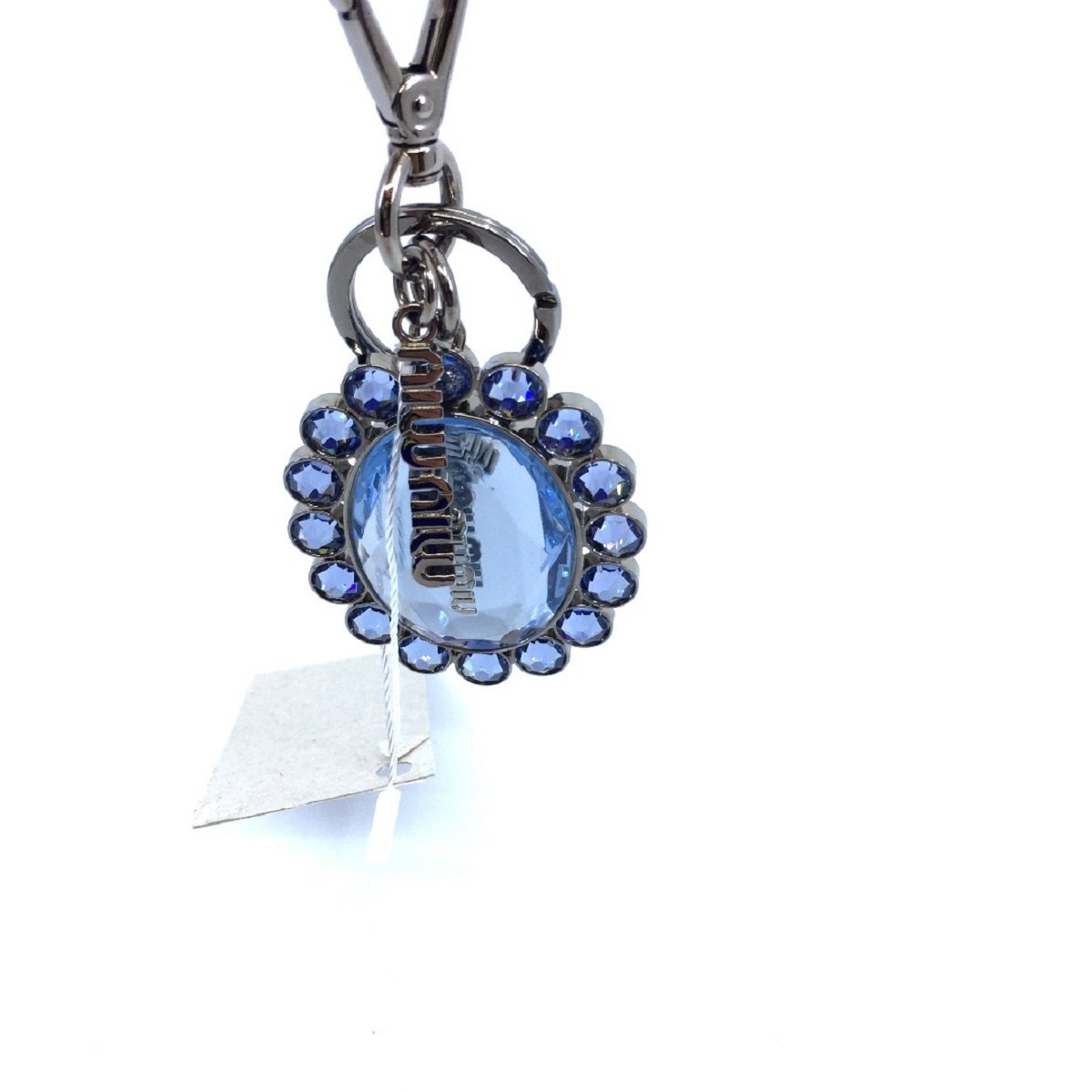 Miu Miu Trick Metallo Oval Crystal Blue Plex Charm Keychain 