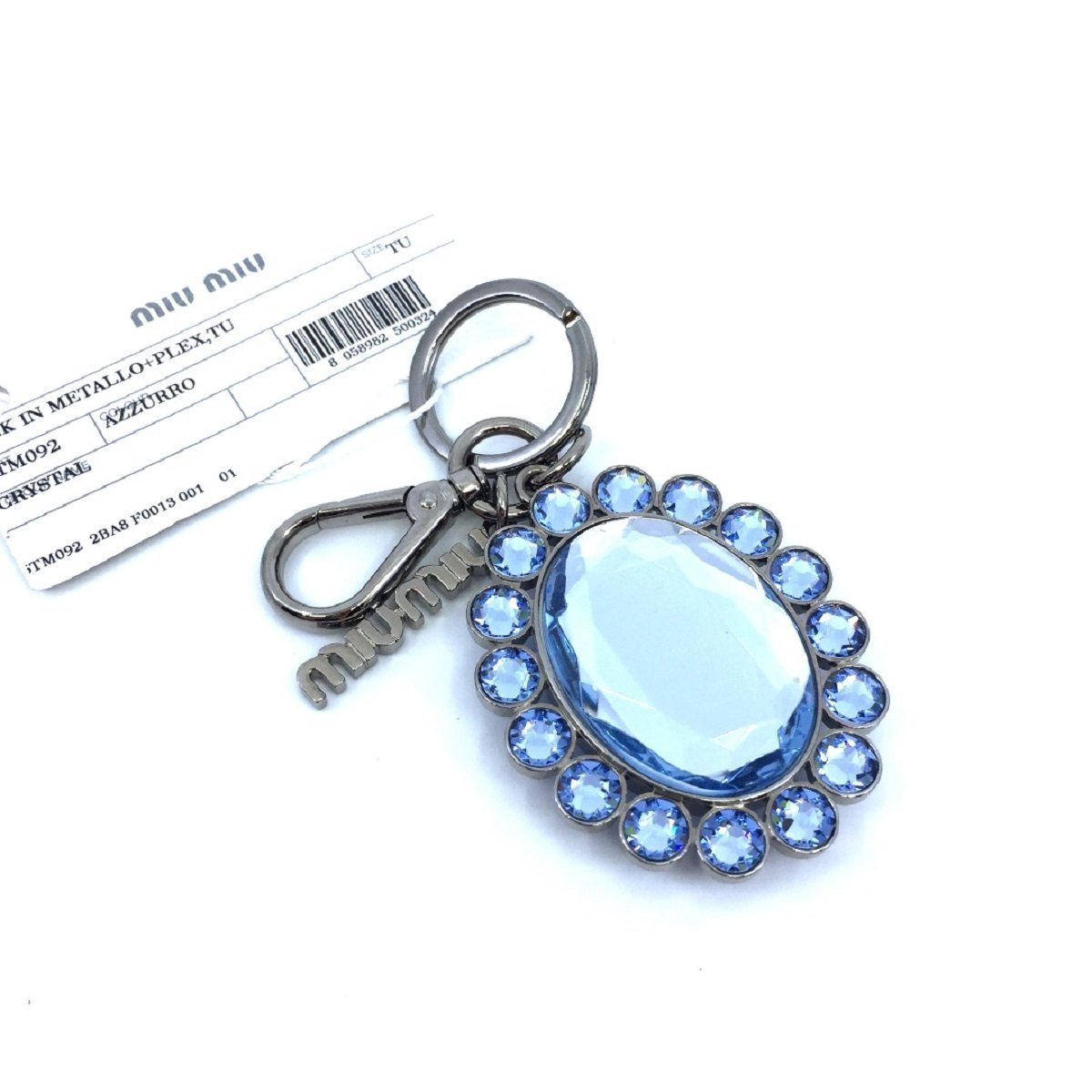 Miu Miu Trick Metallo Oval Crystal Blue Plex Charm Keychain 
