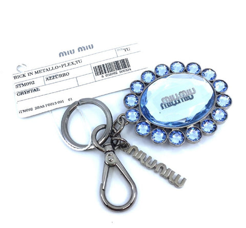 Miu Miu Trick Metallo Oval Crystal Blue Plex Charm Keychain 