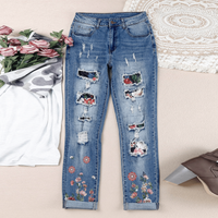 Floral Graphic Patchwork Distressed Jeans