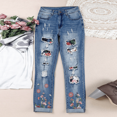 Floral Graphic Patchwork Distressed Jeans