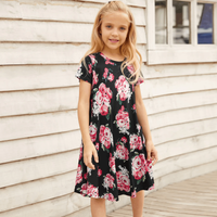 Girls Floral Round Neck Short Sleeve Dress with Pockets