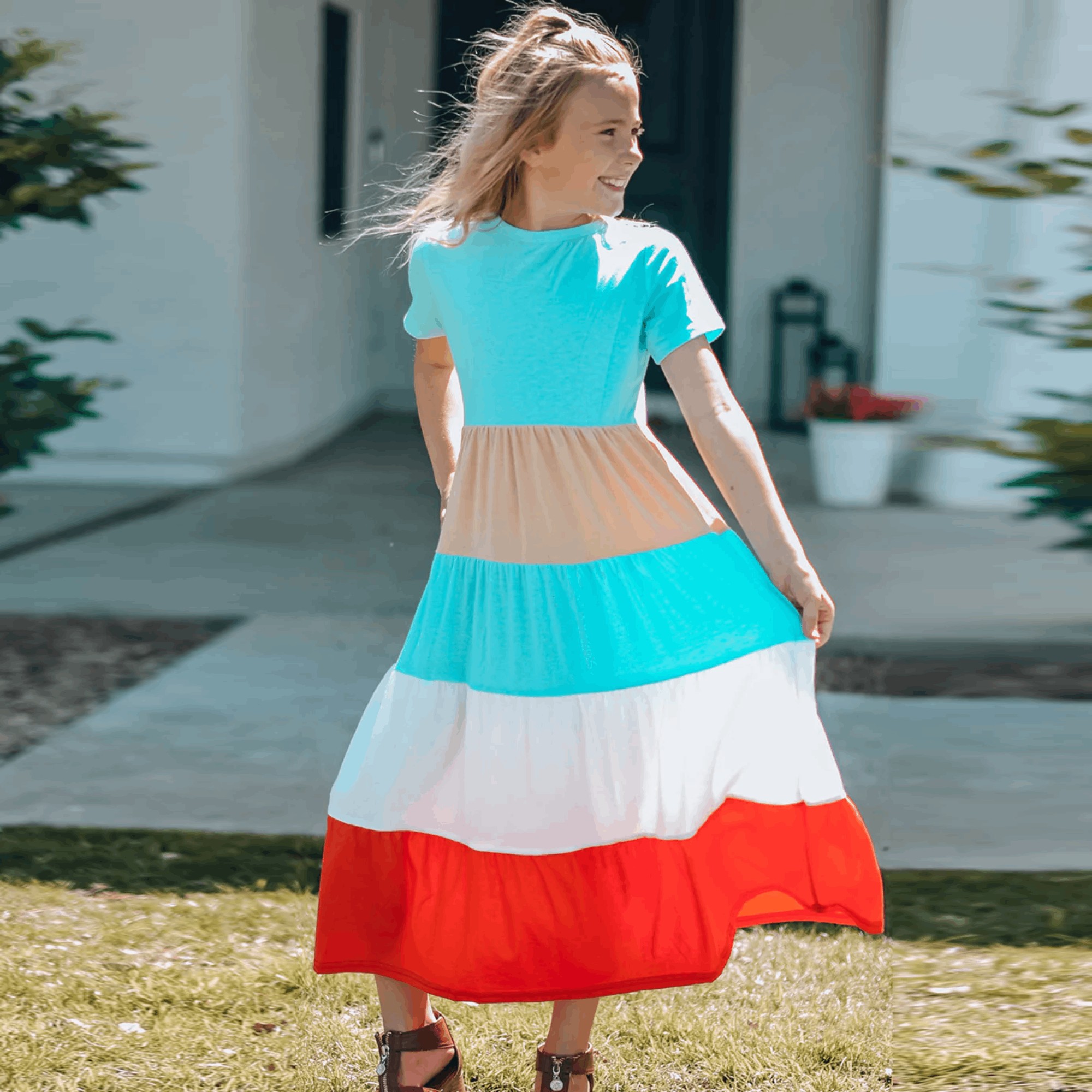 Girls Color Block Round Neck Maxi Dress