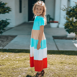 Girls Color Block Round Neck Maxi Dress