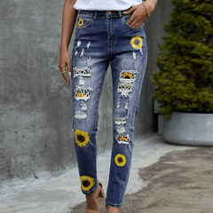 Leopard Patchwork Sunflower Print Distressed High Waist Jeans