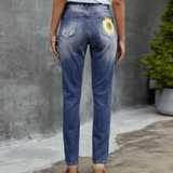Leopard Patchwork Sunflower Print Distressed High Waist Jeans