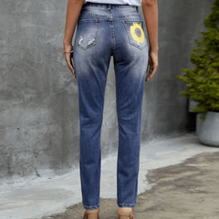 Leopard Patchwork Sunflower Print Distressed High Waist Jeans