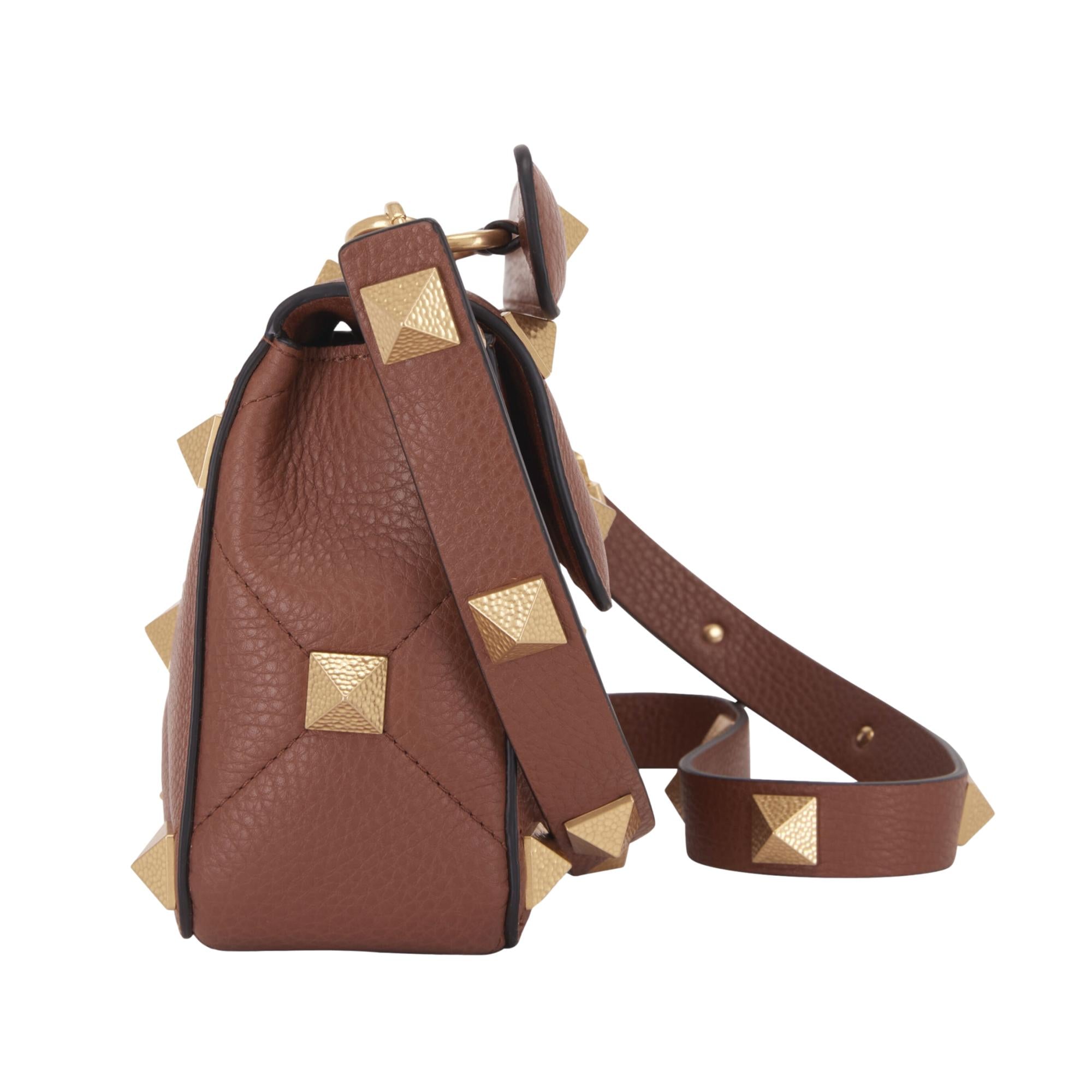 Valentino Garavani Roman Stud Brown Leather Medium Crossbody Bag