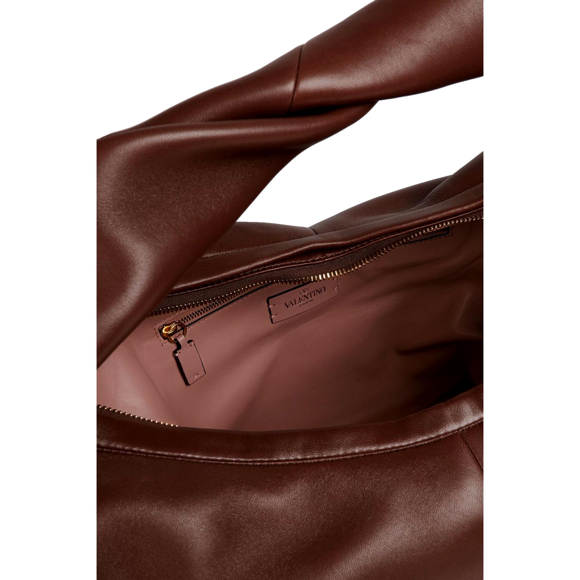 Valentino Garavani Roman Stud Twisted Brown Leather Shoulder Bag