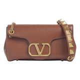 Valentino Garavani Stud Sign V Logo Brown Shoulder Bag